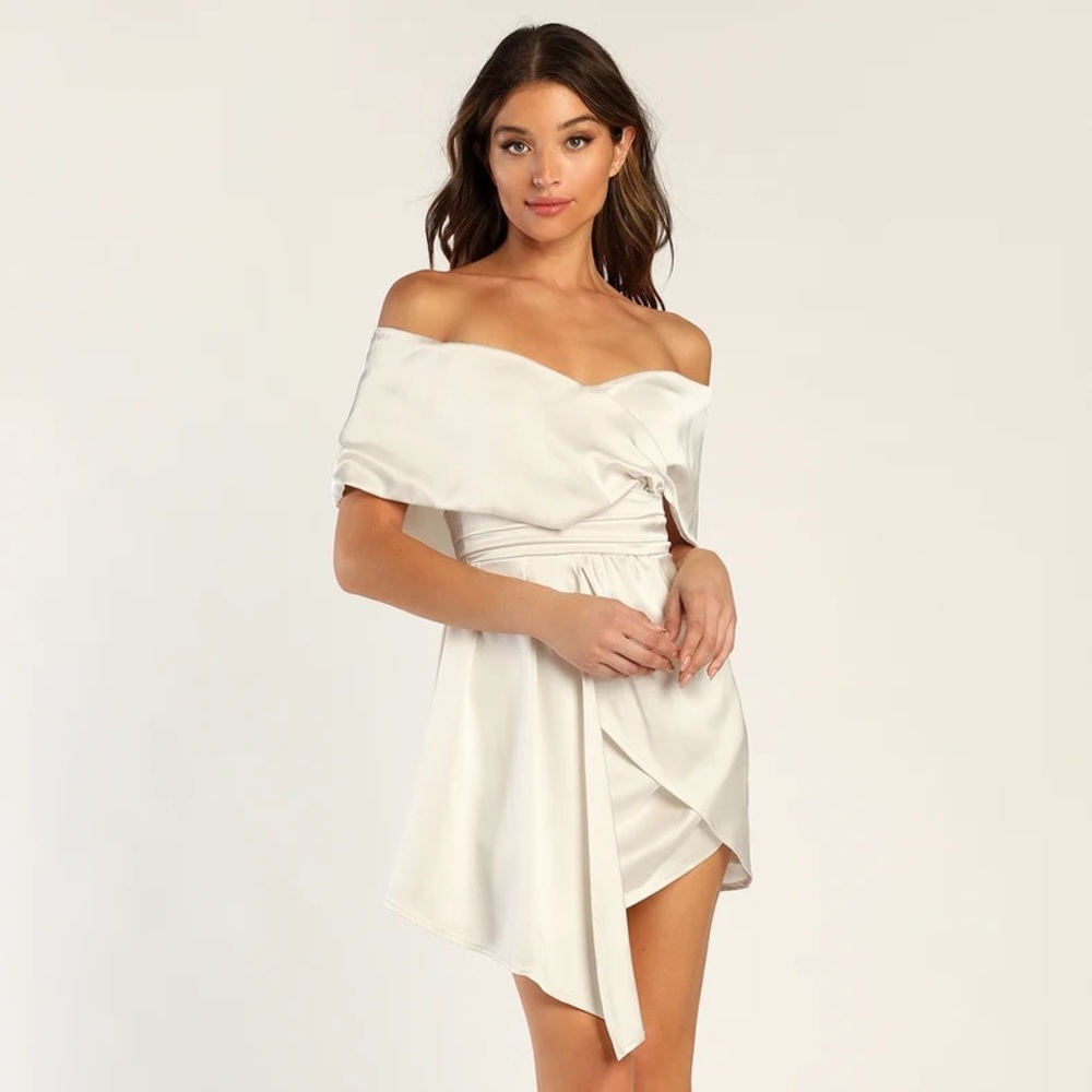 Always Celebrating Ivory Satin Off the Shoulder Mini Dress